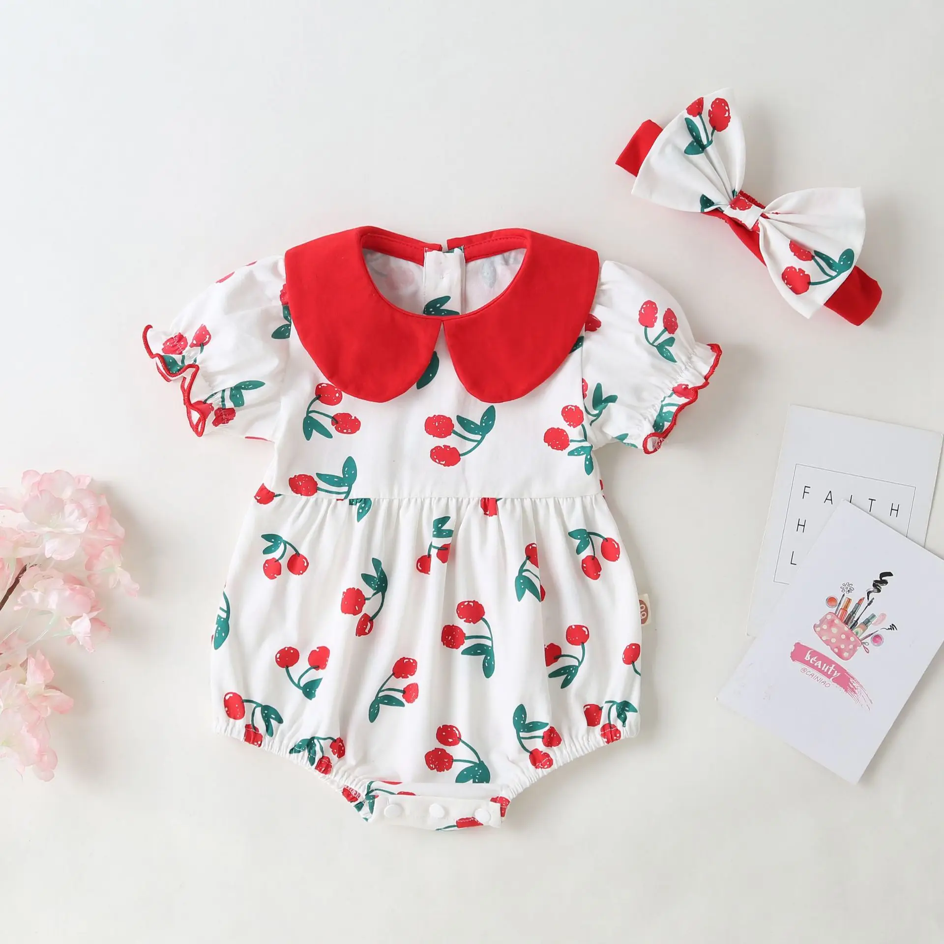 

Autumn Summer Newborn Baby Girl Clothes 2 Piece Cherry Print Cute Peter Pan Collar Short Sleeve Baby Bodysuit+bow Headband 0-18M