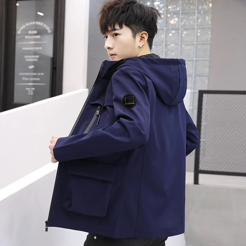 

Spring and autumn new youth men zipper placket solid color hooded casual jacket Korean fashion trendy male coat