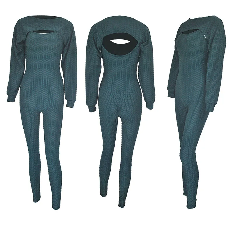 

Autumn/Winter Women's Jacquard Short Lantern Sleeve Top Leggings Sports 2-piece Set Solid color long-sleeved top casual suit