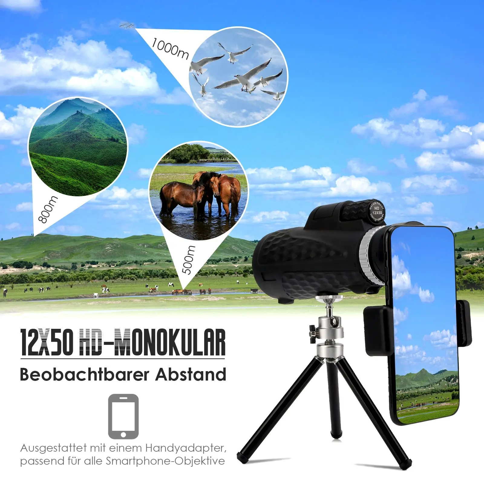 

12 X 50 Magnification Monocular Telescope HD Waterproof With Smartphone Mount For Hiking Climbing Bird Watching Landscapes