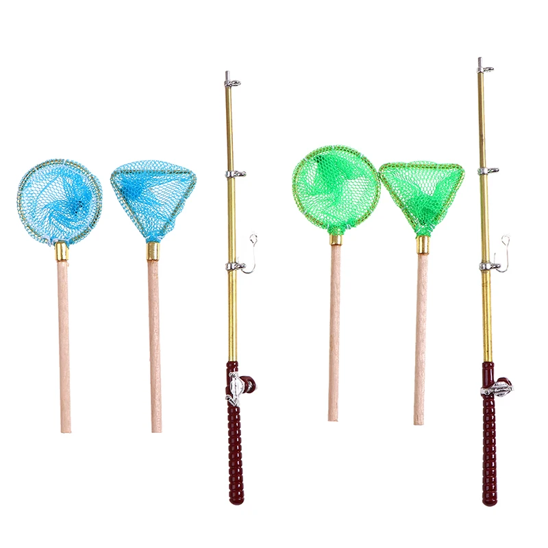 

3 pieces/set of miniature 1:12 doll house decoration garden decoration fishing rod round net triangle net group