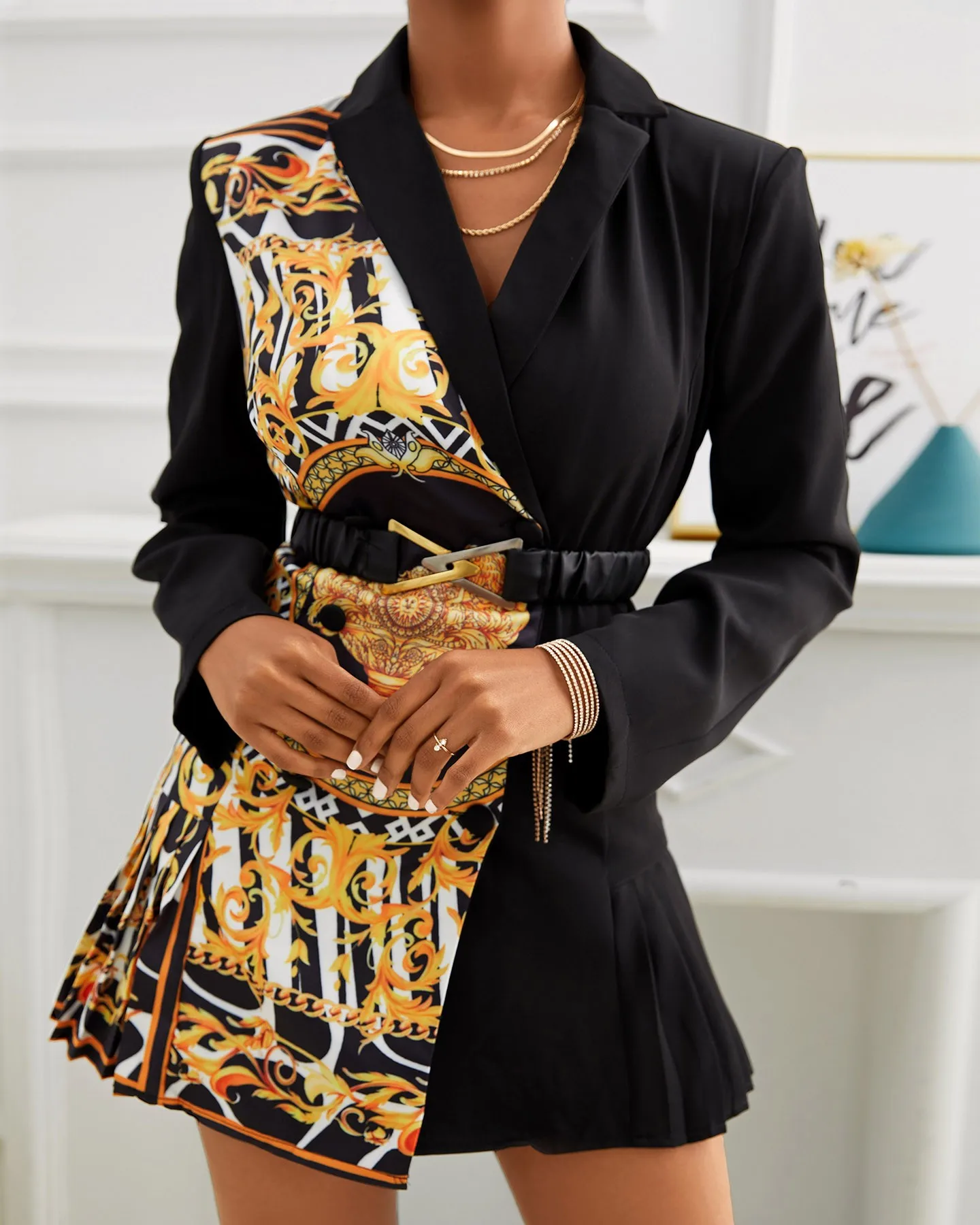 

Blazer Dress women fashion Scarf Colorblock Lapel Collar Double Breasted office lady mini dresses