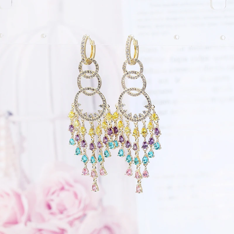 VERY GIRl New Brand 69mm Beautiful Bohemia Cubic Zircon Crystal Tassel Earrings Drop for Women Wedding Jewelry | Украшения и