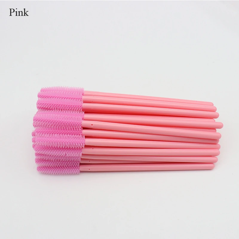 Pink Синтетическая щетка для ресниц, пластиковая ручка, одноразовая щетка для бровей, разноцветная силиконовая головка, набор инструментов для макияжа - Handle Color: Pink