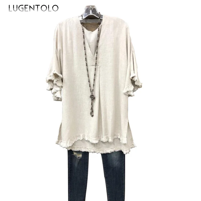 

Lugentolo Women T-shirt Autumn Winter New Casual Top Female Solid Tassel Splicing Half Sleeve Tshirt V-neck Plus Size T-shirts