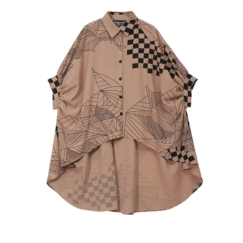 

SeeBeautiful New Fashion Spring 2021 Lapel Batwing Sleeve Irregular Loose Blouse Printed Asymmetry Large Size Shirt Women Y628