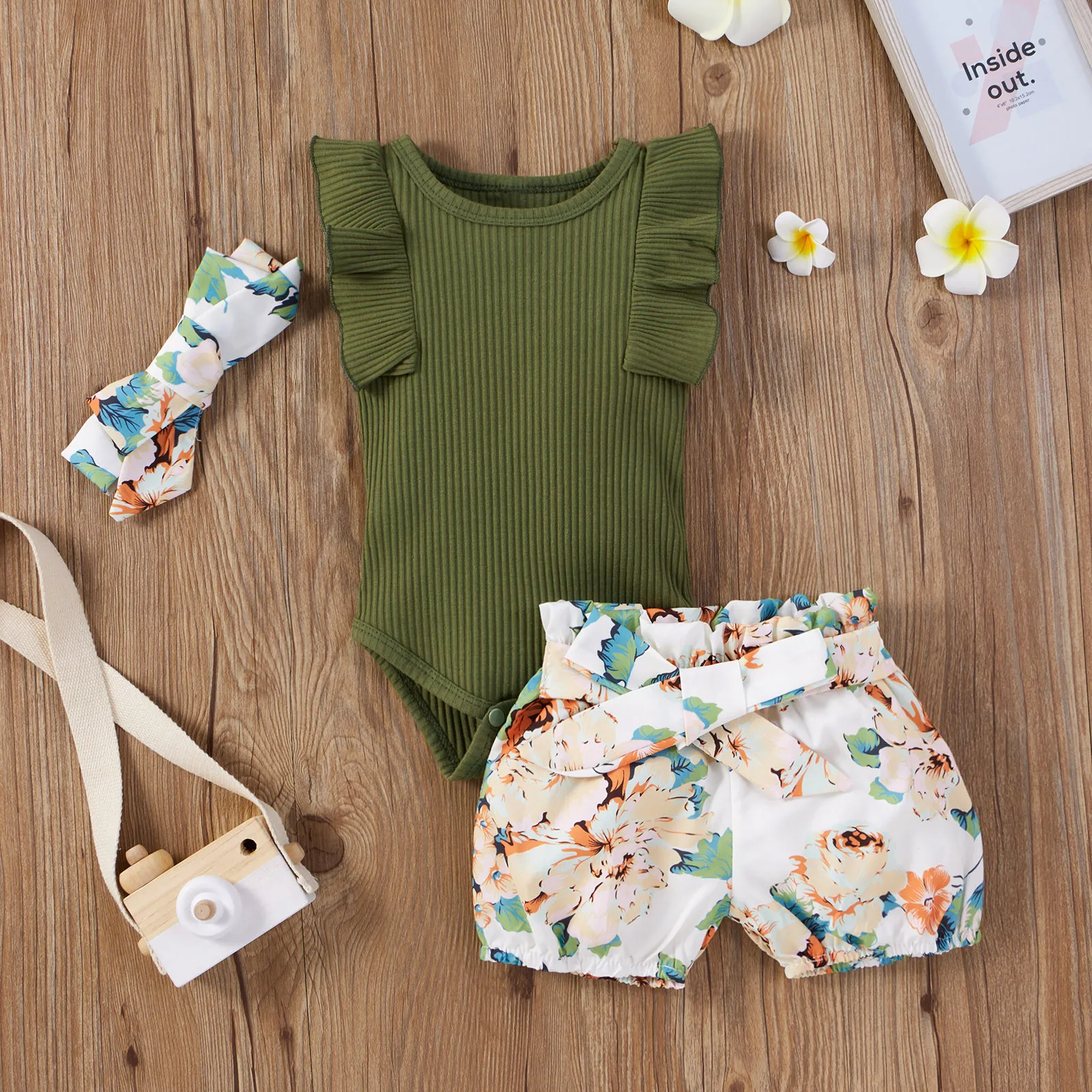

Infant Baby Girls Sets Summer Sleeveless Ruffle Solid O-neck Romper+flora Print Shorts Pant Outfits Newborn Fashion Clothing
