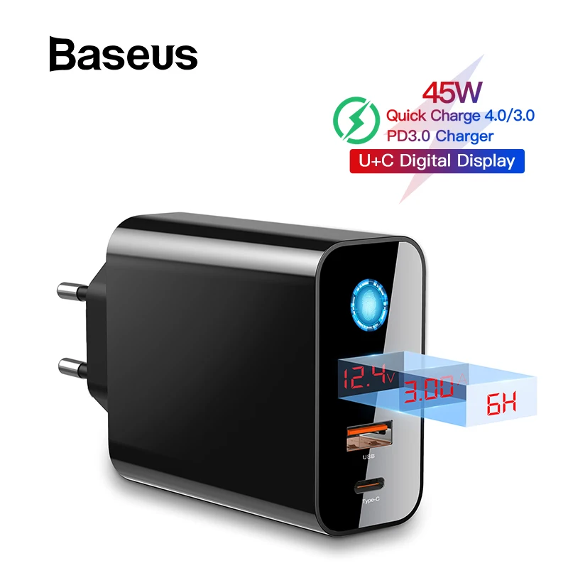 Baseus 45 Вт USB PD зарядное устройство Quick Charge 4,0 3,0 Для iPhone 11 Pro XR Xs Max Xiaomi цифровой дисплей usb type C быстрое зарядное устройство QC 3,0