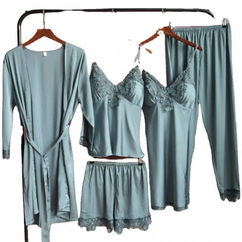 

Women Sleepwear Satin Casual Nightwear 5PCS Pajamas Suit Intimate Lingerie Spring New Pyjamas Sexy Lace Trim Home Clothing