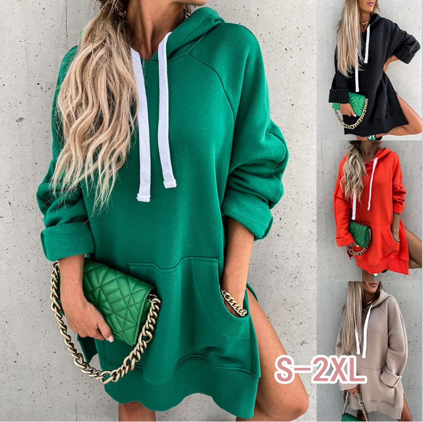 

Autumn warm ladies hoodie dress 2022 fashion long-sleeved fleece sweatshirt dress ladies solid color drawstring hooded sweater