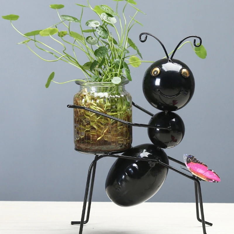 

Table Desk Wrought Iron Ant Glass Hydroponic Vase Flower Plant Pot with Wooden Tray Office Decor Water Storage Plant Gardening P
