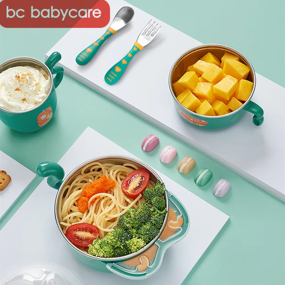 

BC Babycare 6pcs Baby Stainless Steel Thermal Food Feeding Bowl Set With Silicone Spoon Fork Toddler Cup Insulated Sucker Plate