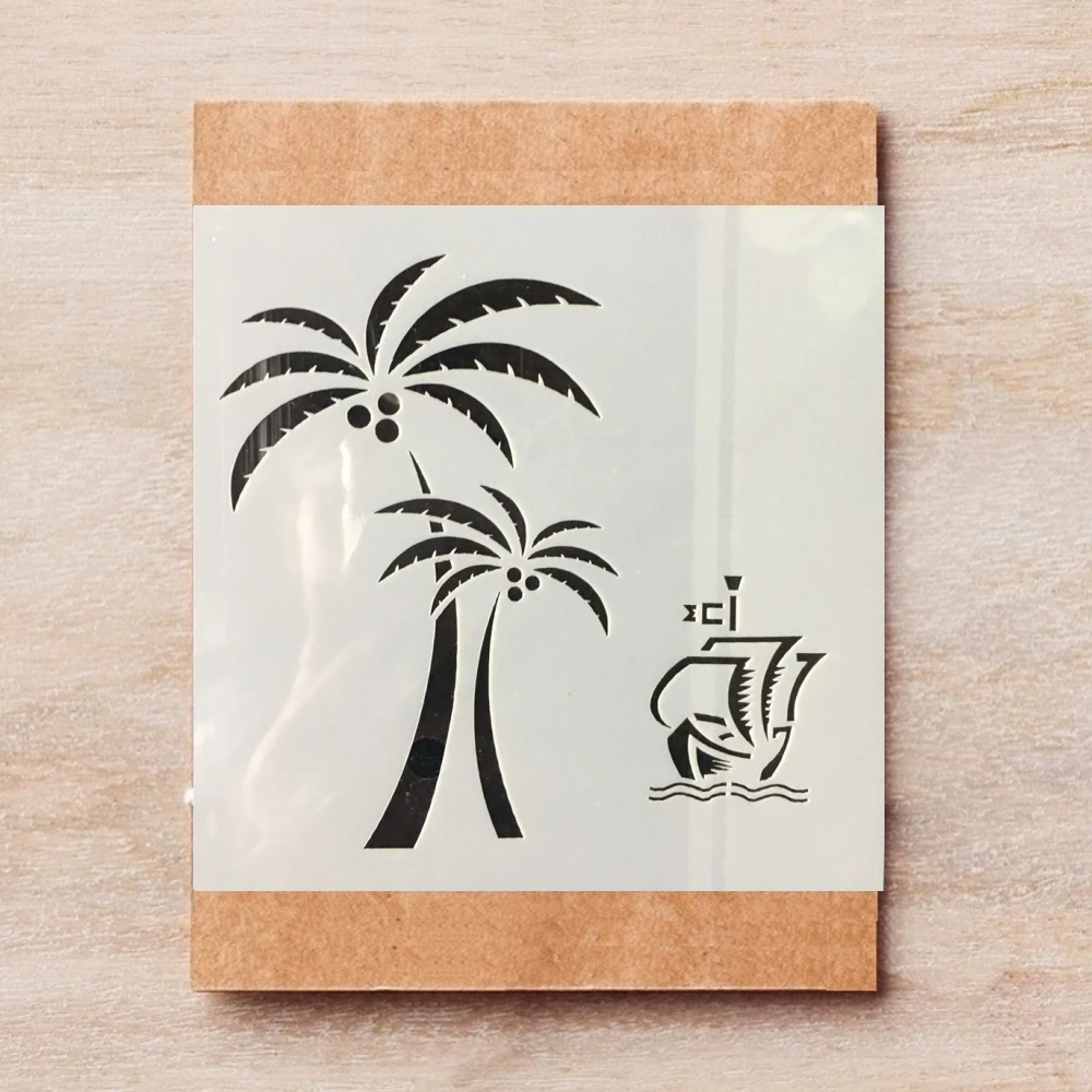 

13*13cm Coconut Tree Boat DIY Layering Stencils Painting Scrapbook Coloring Embossing Album Decorative Template