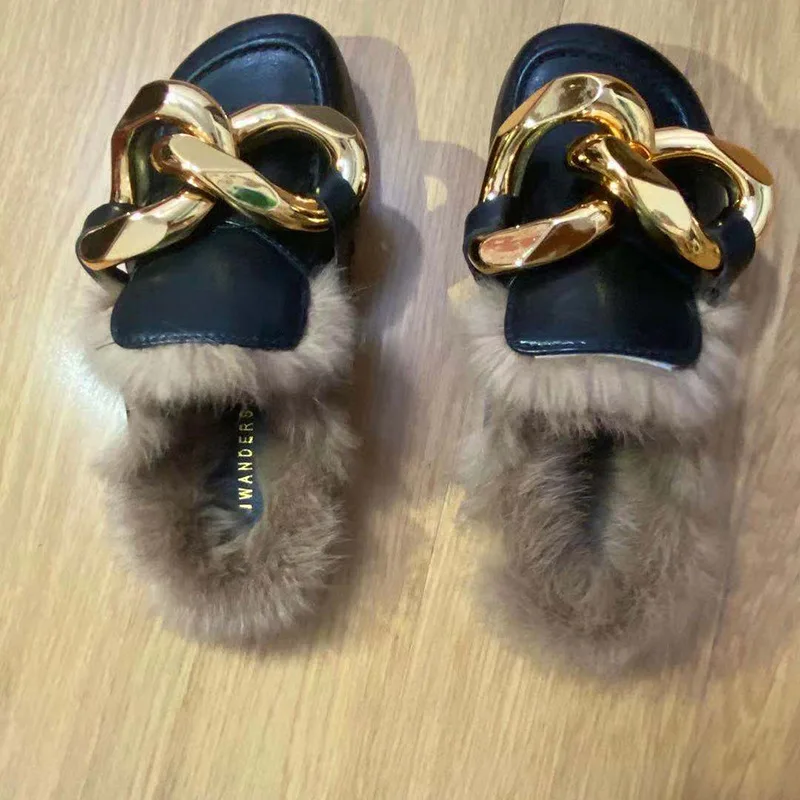 

Spring Autumn Plus Velvet Rabbit Fur Ladies Slippers Metal Chain Flat Bottom Women's Mules Comfortable Warm Outdoor Slippers