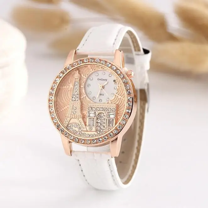 

Women Wristwatches Gogoey Fashion Bling Crystal Paris Tower Watches White Leather Band Quartz Watches Female Clock Montre Femme