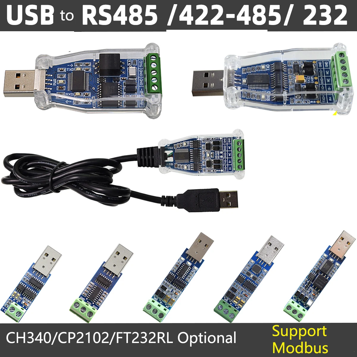 CH340 CP2102 FTDI USB RS485 Isolated Serial Adapter Module Converter Modbus Communication Cable