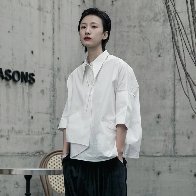 

ZCSMLL 2021 Simple White Loose Shirt Port Wind Irregular Seven Sleeve Shirt Lady Korean Fashion Clothing Crop Top Women