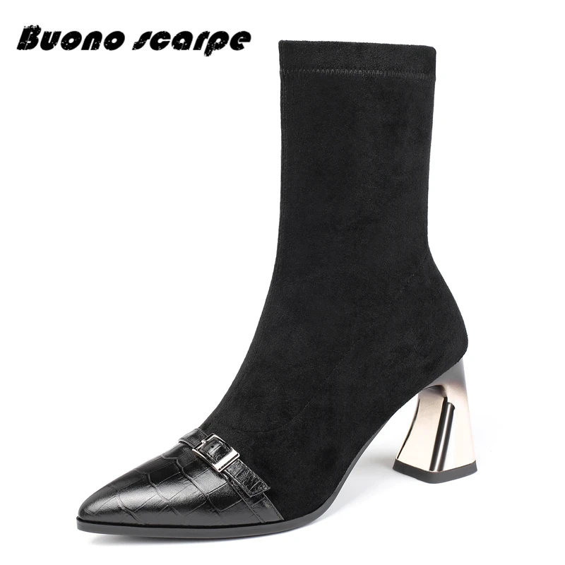 Buonoscarpe Pointed Casual Boots Elastic High-heeled Trend Black Women's Shoes 2019 Autumn And Winter Bare Ladies | Обувь
