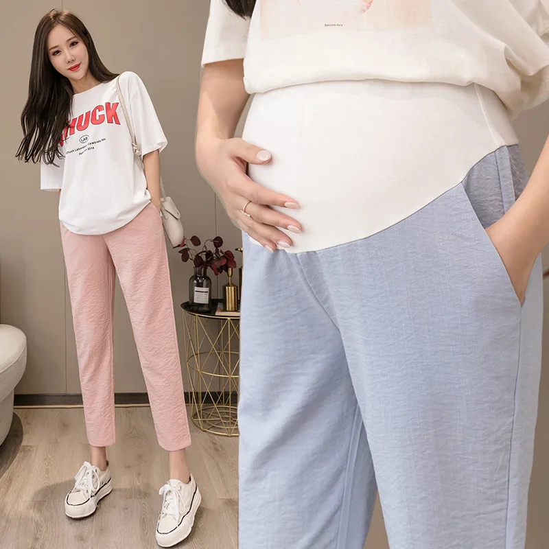 

Summer Maternity Cotton Linen Pants Leisure Loose Pregnant Women Clothes High Elastic Waist Pregnancy Trousers Black Pink Blue
