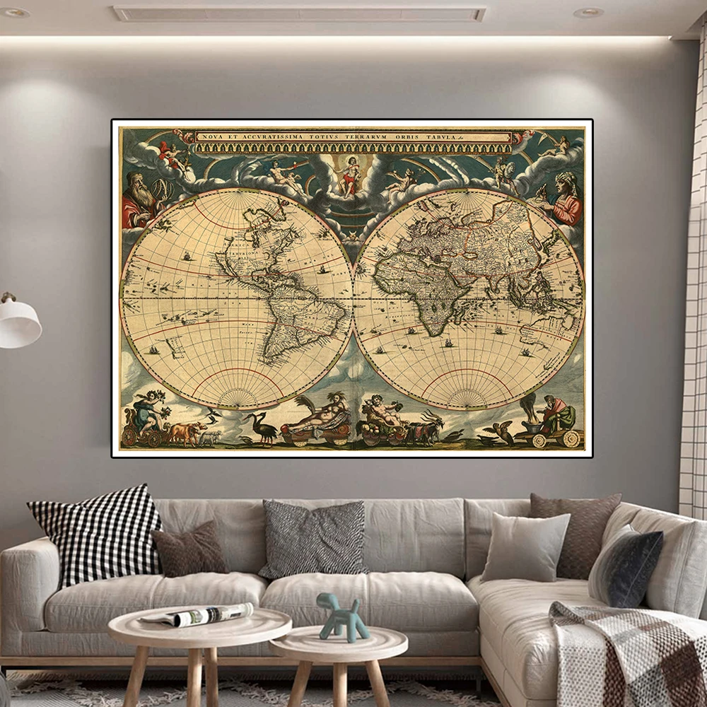 

150*100cm Vintage World Map with Medieval Latin Portuguese Decor Wall Art Poster Living Room Home Decoration School Supplies