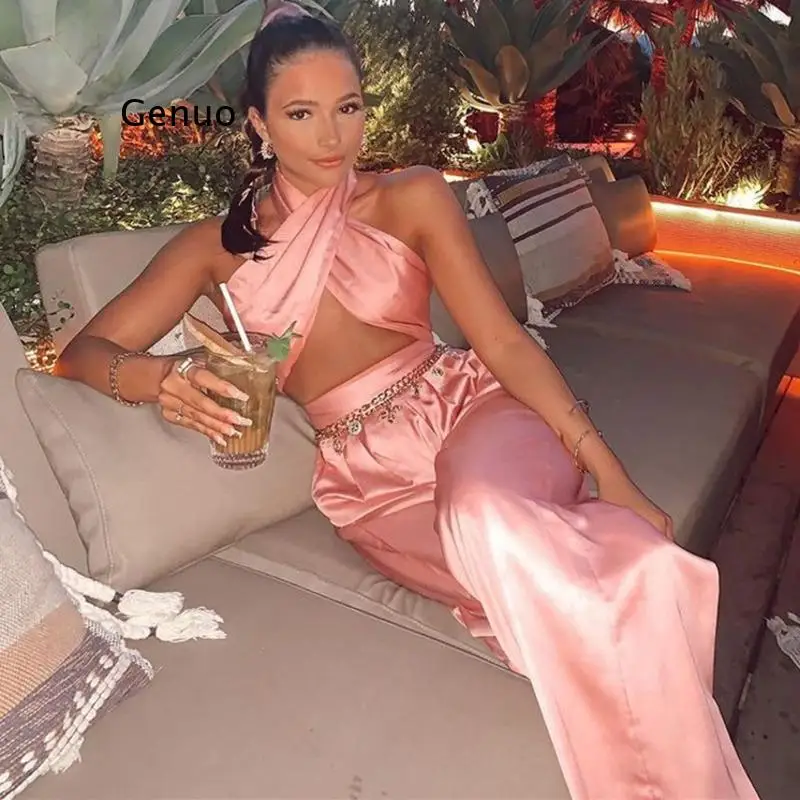 

Сексуальный комплект из двух частей с лямкой на шее крест Топ и длинные брюки для девочек летний женский набор элегантный женский комплект 2 шт. комплект одежды высокого качества