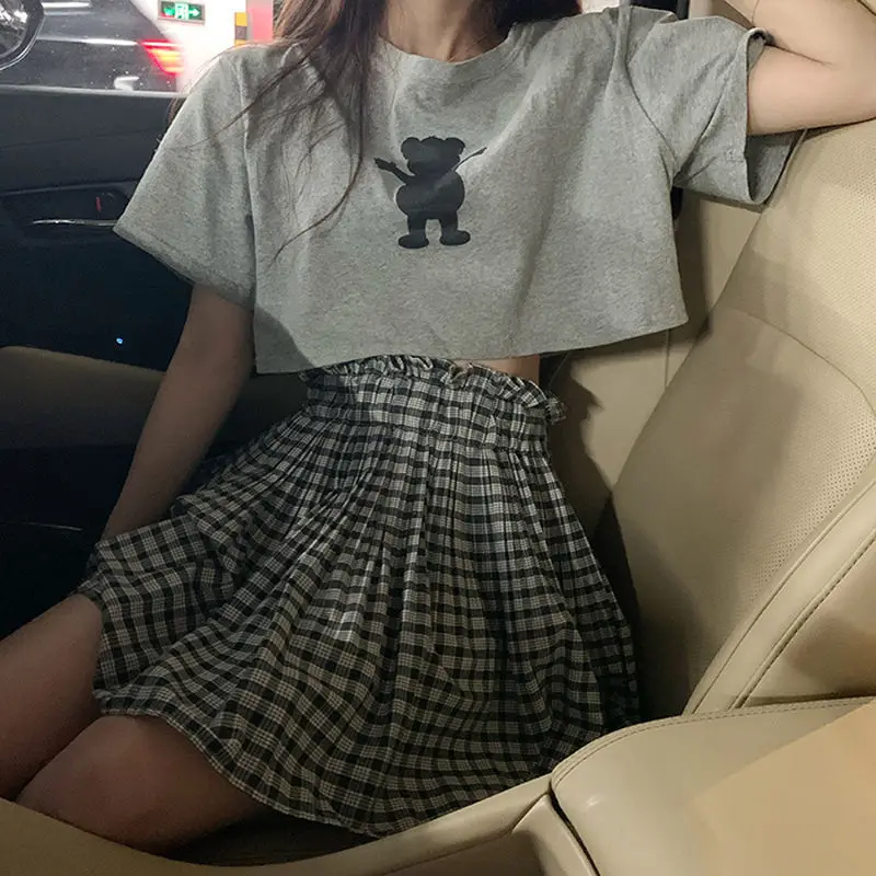 

Летняя Корейская Новая тонкая юбка с высокой талией, универсальный клетчатый женский модный комплект с юбкой