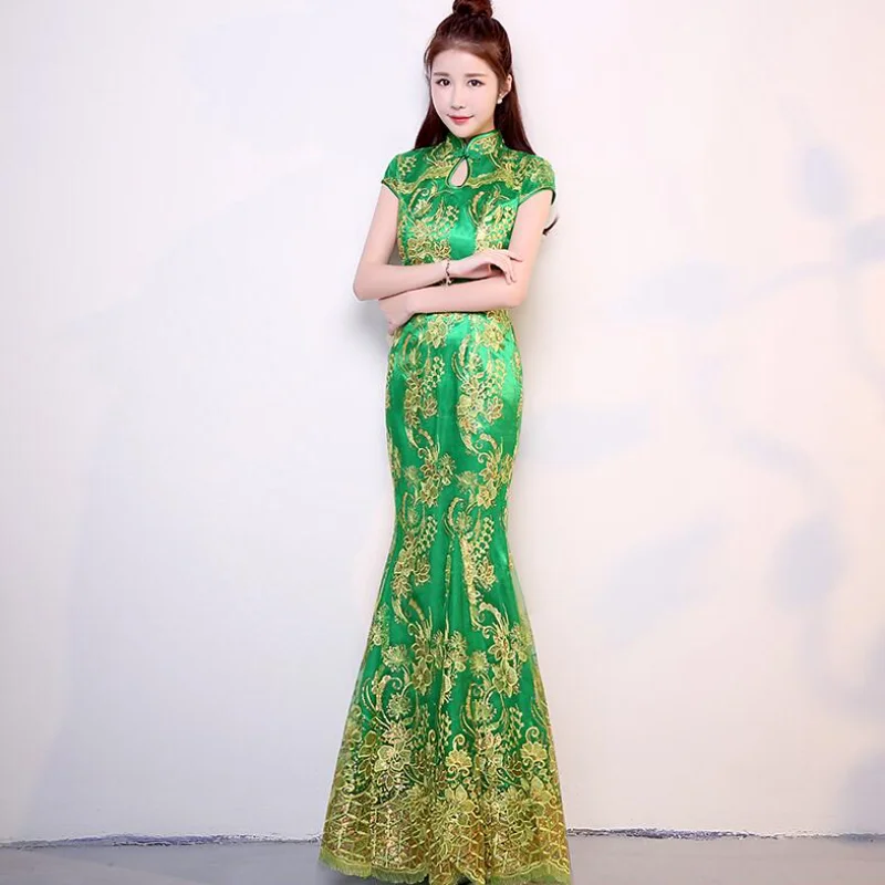 Женское Красное китайское свадебное платье Ципао женское с коротким рукавом