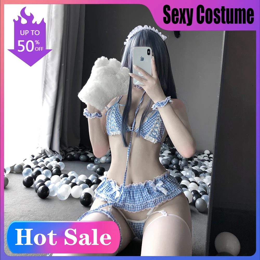 

Костюм соблазнительный Женский, Униформа, пикантное нижнее белье, платье горничной, костюм для косплея, кружевной синий клетчатый Милая гор...