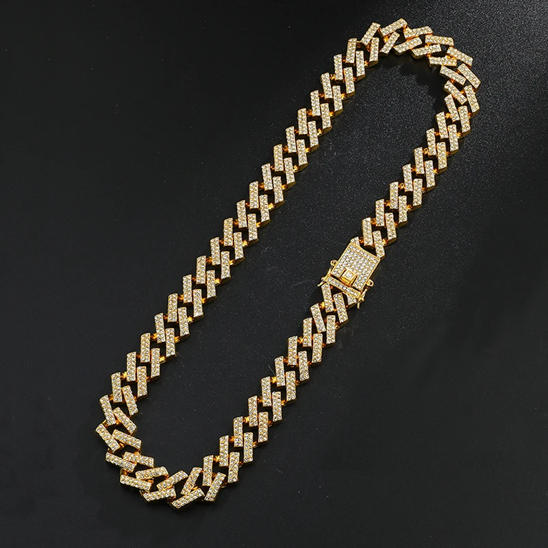 

Bling Iced Out Crystal 15MM Cuban Paved Rhinestone Miami Zircon Men's Necklaces For Men Hip Hop Jewelry 16/18/20/24inch