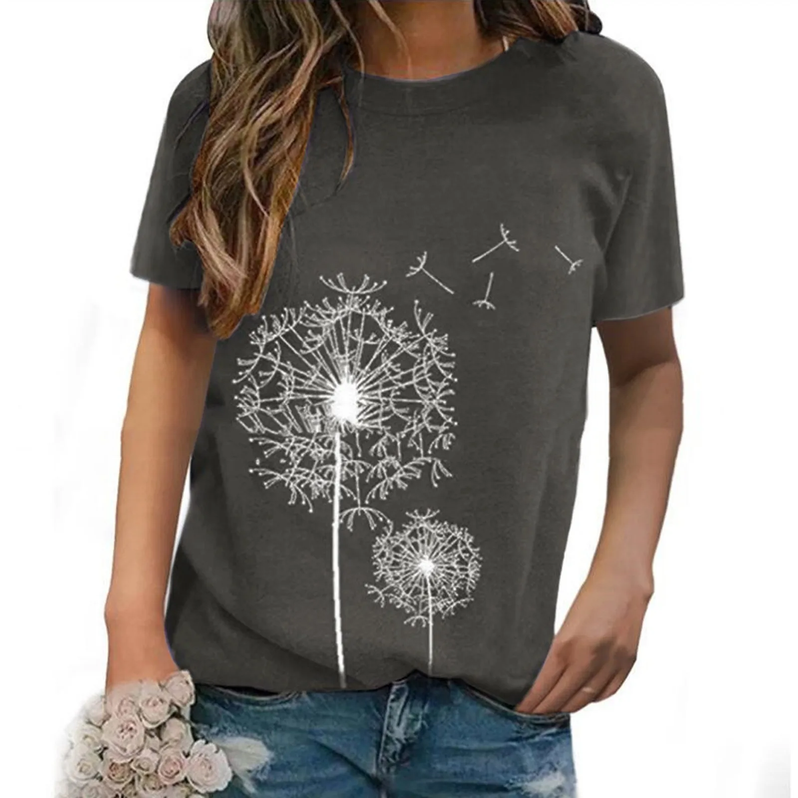 

Модная Футболка с рукавами и принтом, женские повседневные топы с круглым вырезом, свободная блузка, короткая женская блузка