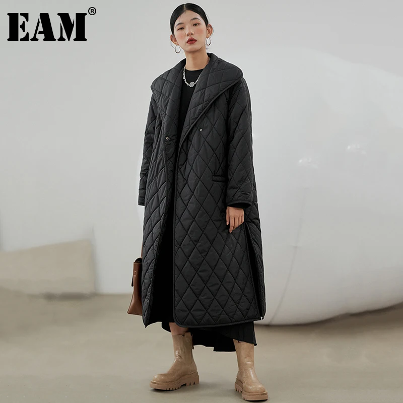 

[EAM] черное теплое пальто большого размера на хлопковой подкладке с длинным рукавом, свободные женские парки, модная новинка осень-зима 2021 ...