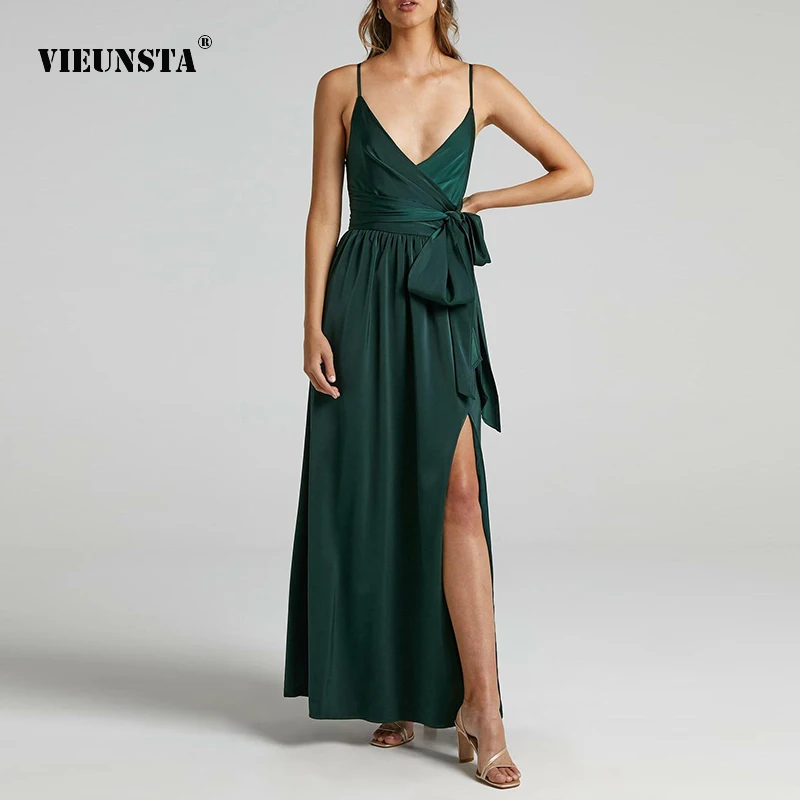 

Женское длинное платье на бретельках, однотонное Привлекательное платье без рукавов с V-образным вырезом и асимметричным подолом на завязк...