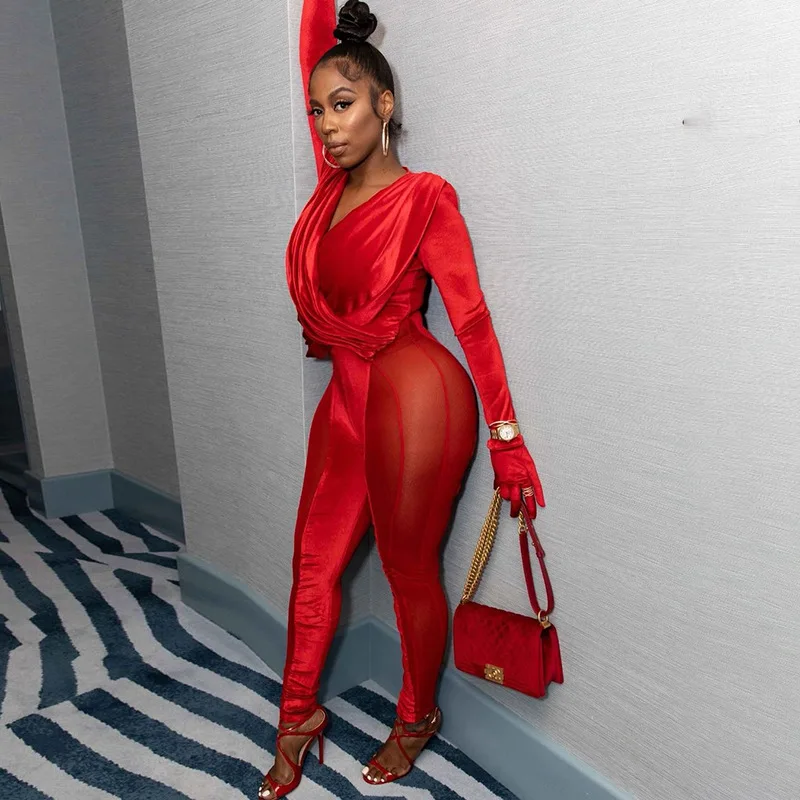 

Sexy Mesh Velvet One Piece Jumpsuit Long Sleeve Skinny High Waist See Through Romper Fashion Autumn Night Club Party Clothing