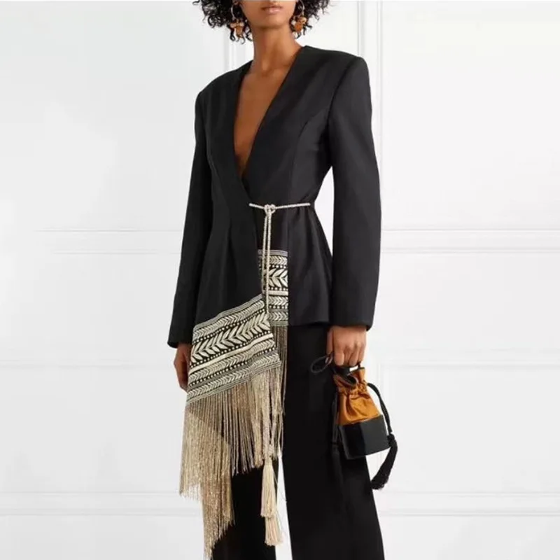 Women Embroidery Blazer Asymmetrical Wrap Lace Up Tassels Long Blazer Coat High Street