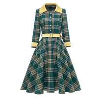 women spring autumn 34 sleeve green printed vintage retro 50s 60s casual party knee length dress elegant ladies dresses