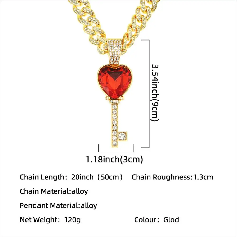 

Hip Hop Gold Silver Color Personality Alloy Red Heart Key Pendants Bling Long Cuban Link Chain Necklace for Women Men Rapper