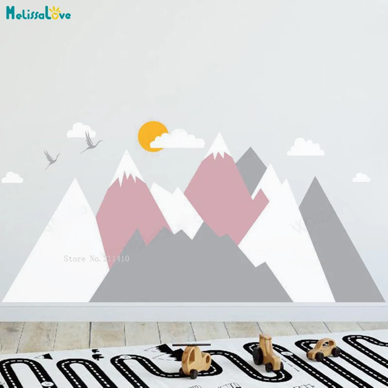 

Large Size Nursery Mountains Wall Stickers Home Decor For Kids Room With Birds Sun Vinyl Decals Removable YT5614