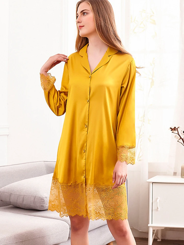 Атласная Ночная рубашка с длинным рукавом для отдыха весна-осень пижамы