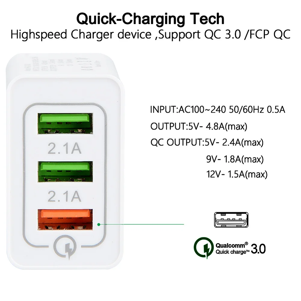 3 порта 18 Вт портативное зарядное устройство USB для путешествий Быстрая зарядка QC