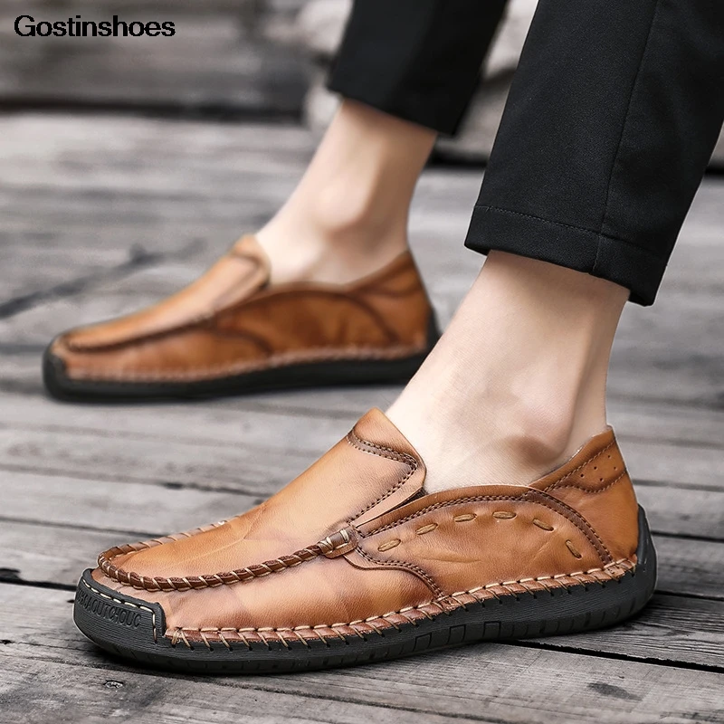 Мужские лоферы повседневная кожаная обувь цвет коричневый черный слипоны из