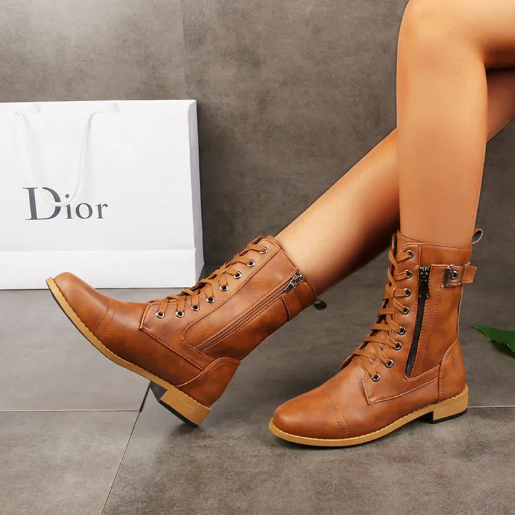 

2022 New Plus Size Retro Women Western Boots Punk Lace Up Buckle Motorcycle Boots Zipper Mid Calf Boots Ladies Short Botas