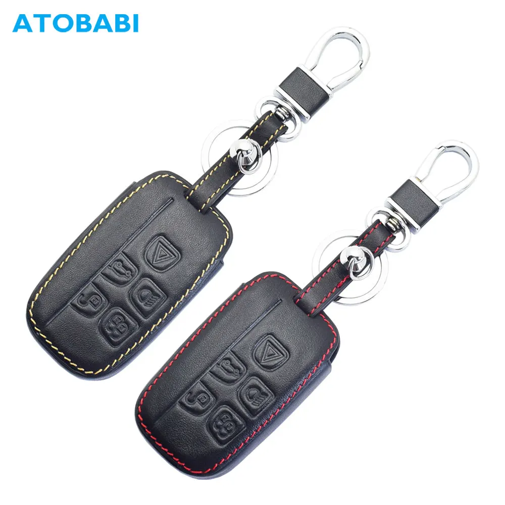 Leather Car Key Cover For Land Rover LR4 Discovery LR2 Range Rover Sport Evoq Jaguar 5 Buttons Smart Remote Fob Protector Case