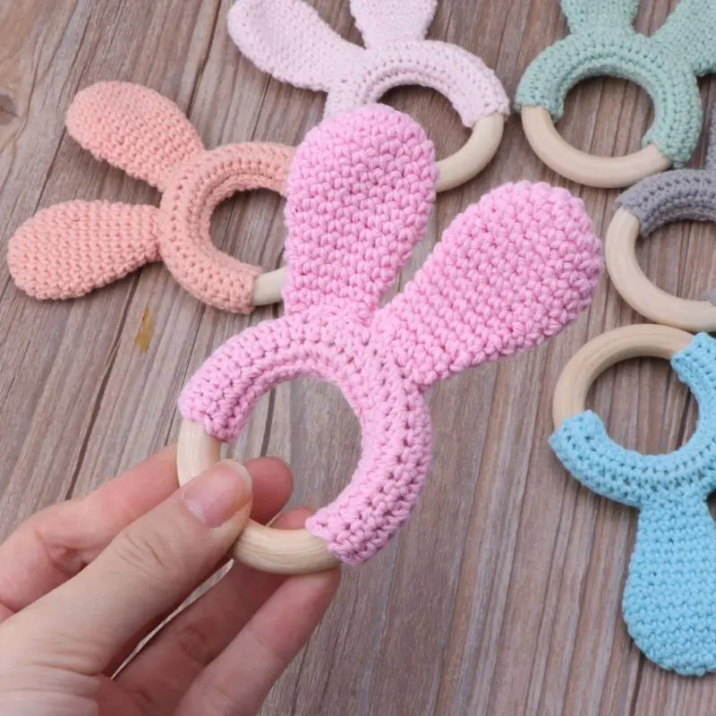 

2Pcs Natural Wooden Crochet Baby Teether Teething Bracelet Ring Rattle Toy Gift Baby Teething Ring Natural wood toy