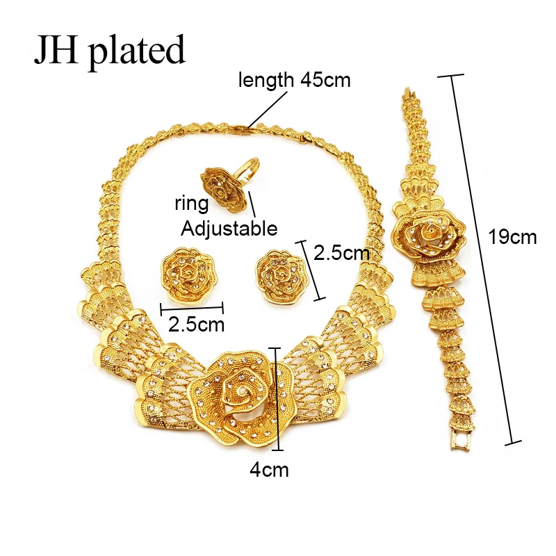 JHplated нигерийские Дубаи Модные Ювелирные наборы с цветами Африканские свадебные подарки вечерние для женщин украшение колье серьги кольцо - Metal color: Gold-color
