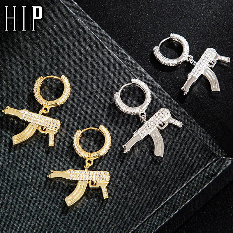Серьги-пистолет AK47 в стиле хип-хоп со сверкающими фианитами мужские, ювелирные украшения золотого цвета с микро покрытием AAA + Bling с фианитам...