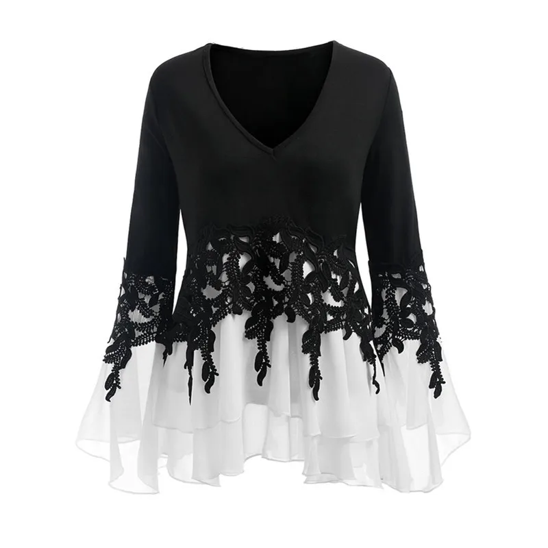 

Женская шифоновая простроченная Футболка с аппликацией, женские Асимметричные футболки и топ, футболка на осень и весну, футболки с V-образн...