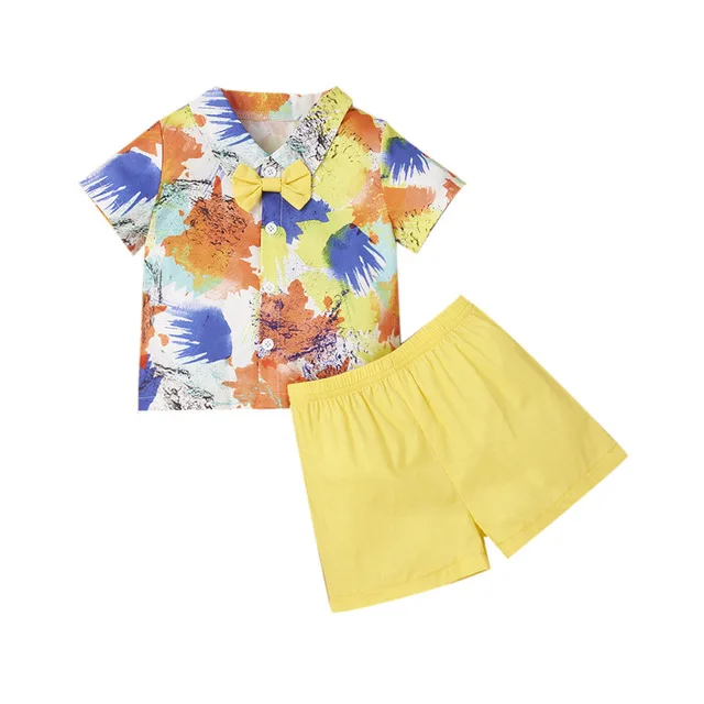 

Summer Boy’s Two Piece Set Fashion Single-breasted Tie-dye Short-sleeved Shirt and Solid Color Short Pants