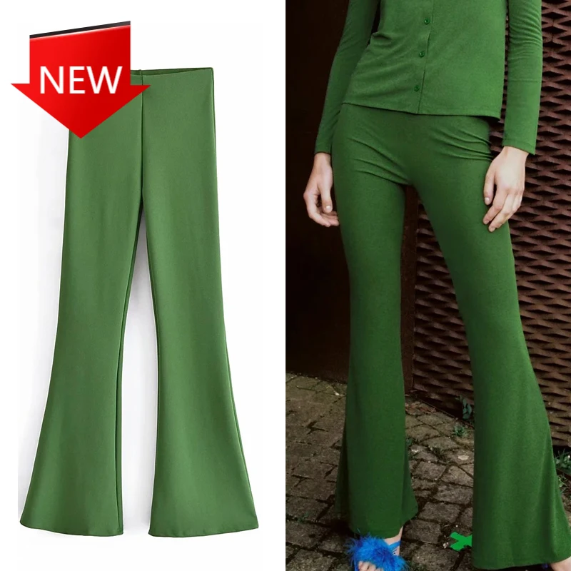 

Autumn Skinnny Green Pants Woman Streetwear Wide Leg Bell Bottom Pants Female Women Pants High Waist Flared Trousers