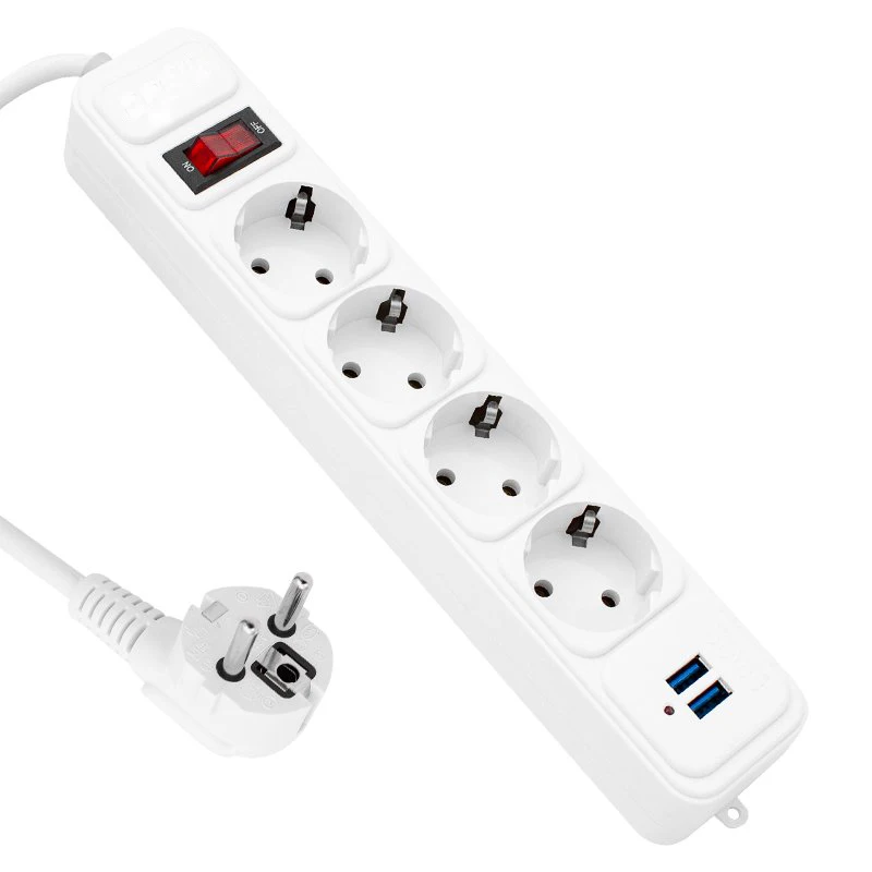 

Network Filter 10A 2500W Power Strip Switch EU Plug Sockets With 2M Extension Cord Surge Protector 2 USB Charging 4 AC Outlets