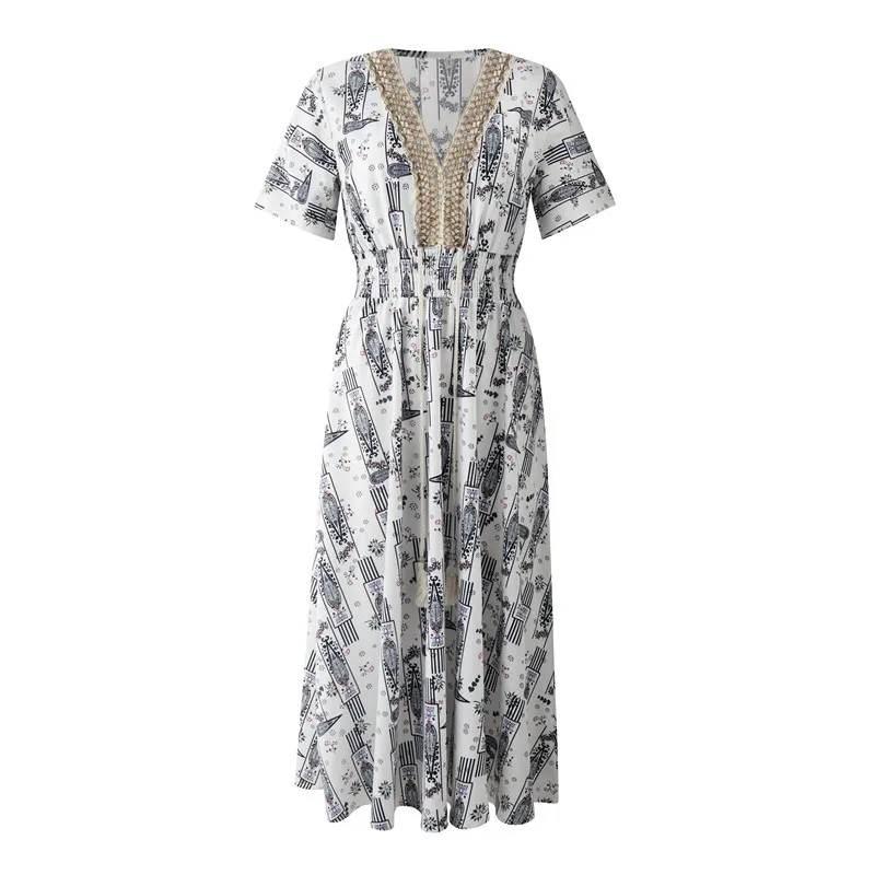 

European and American fashion casual summer women's long skirt lace rope stitching printed v-neck short-sleeved dress women 2021